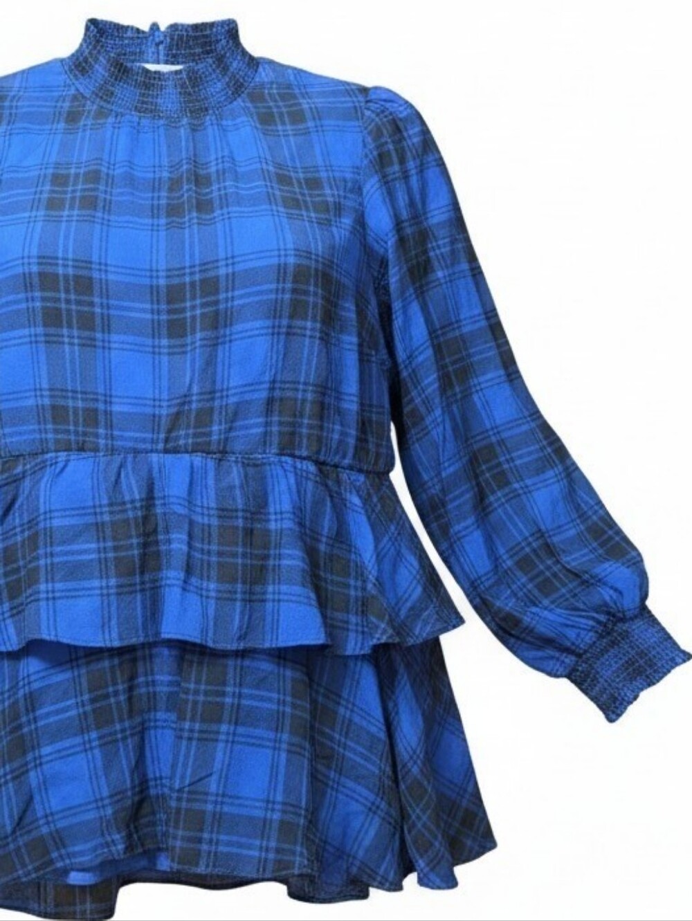 TORRID | Blue Black Plaid Tiered Ruffle Smocked Blouse Sheer Overlay | 2X